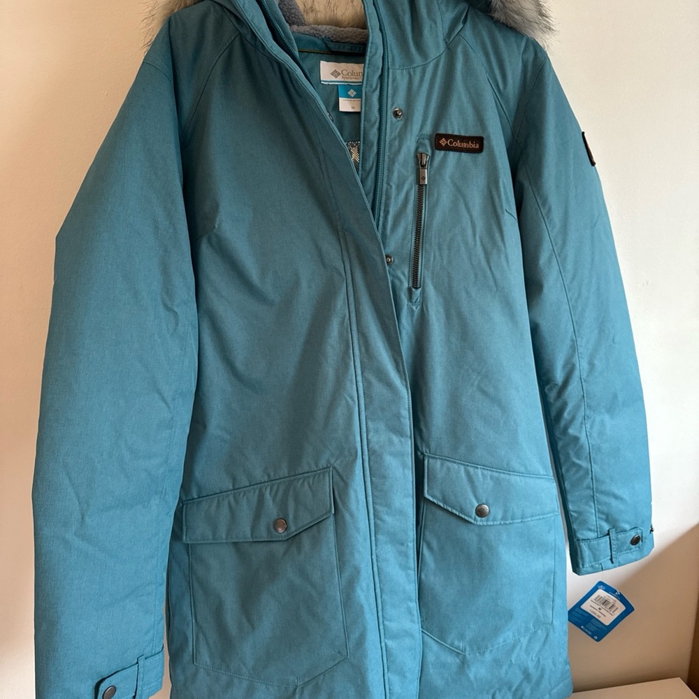 Columbia Suttle Mountain Long Insulated Jacket NWT Teal Faux Fur Hood M